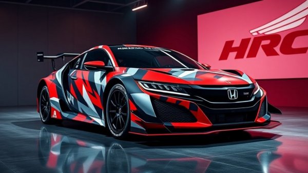 Vibrant Honda road car with racing design, HRC logo, dynamic studio lighting.