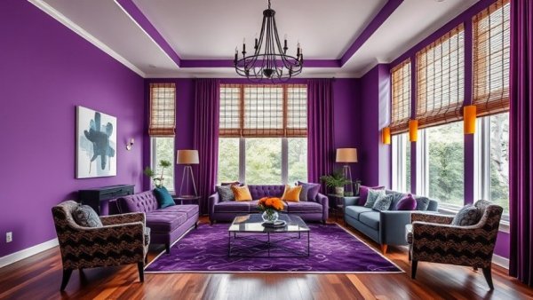 Elegant living room with vibrant purple sofa showcasing 2026 paint color trends.