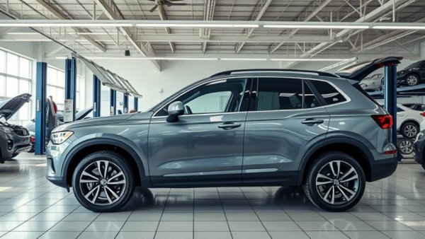 Gray SUV in a spacious auto repair shop, undergoing inspection.