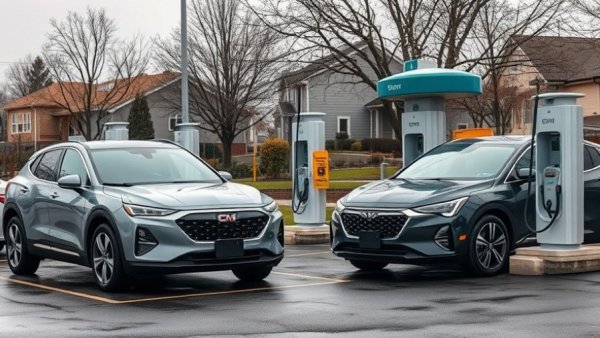 GM EVs at public charging station, suburban setting.