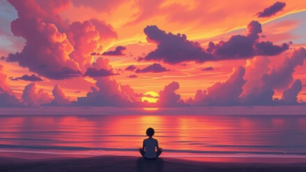 Vivid sunset over ocean, person reflecting, overcoming catastrophic thinking.