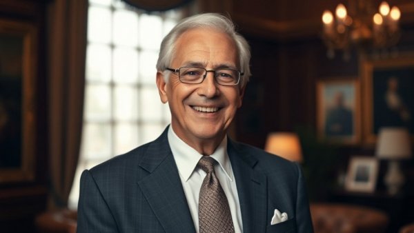 Elderly man smiling warmly in a formal setting.