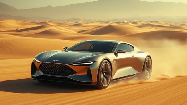 Genesis X Skorpio concept car speeding in desert sand.