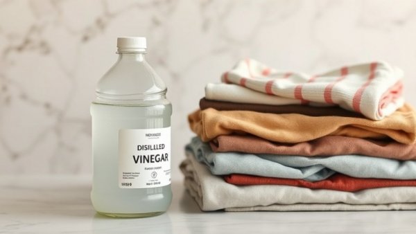 Distilled white vinegar bottle on counter with laundry, showing uses of vinegar around the house.