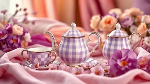 Elegant violet checkered home decor display with floral accents.