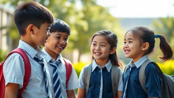 Children in school uniforms talking about the importance of boundaries.