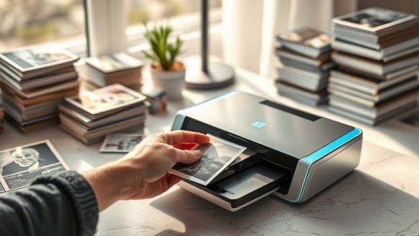 Hand digitizing old photos with modern scanner, bright desk setup.