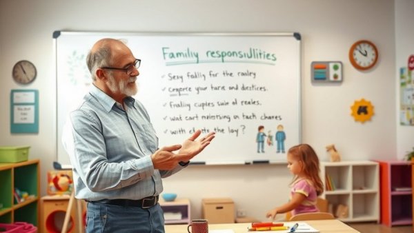 Man explaining family responsibilities framework on whiteboard.
