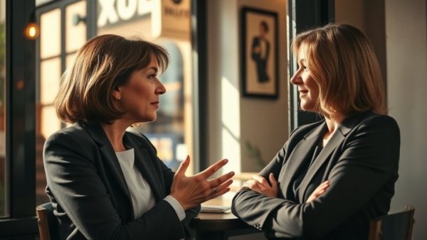 Two women demonstrating emotional intelligence leadership in conversation.