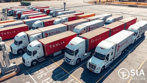 Tesla Semi trucks charging at a station with colorful containers.