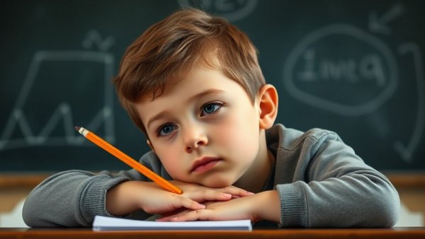Thoughtful child with pencil in school setting.