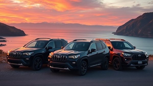Showcase of vibrant 2026 SUVs in scenic locations.