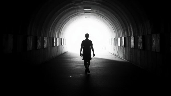 Silhouette walking through a tunnel, symbolizing mindfulness for inner peace.