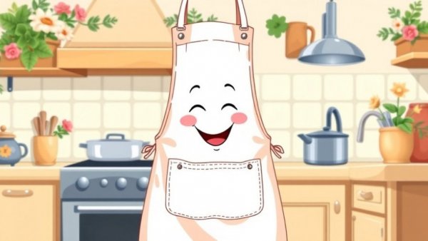 Whimsical kitchen apron illustration with cookware for gut health.