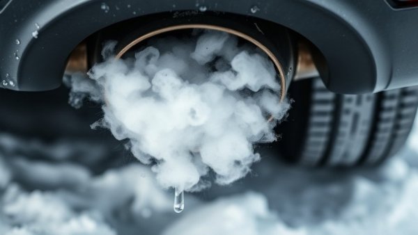 Car exhaust pipe puffing steam in cold weather with snow.