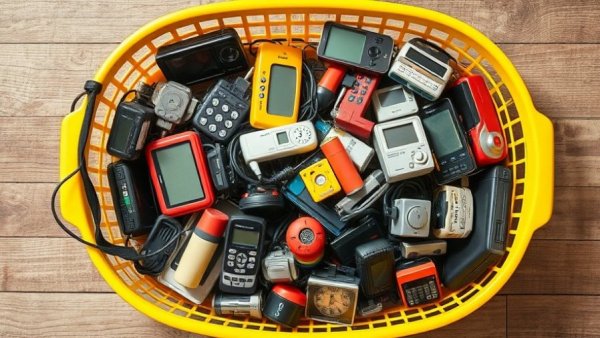 Assorted old tech gadgets in basket for recycling on wooden surface.