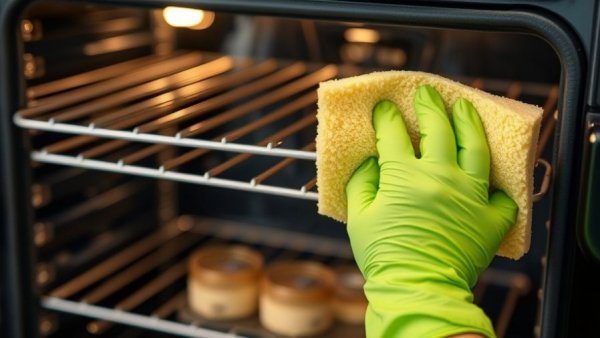 Steam clean your oven with green gloves and a sponge in a kitchen.