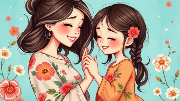 Illustrated mother and daughter sharing a heartfelt moment, expressing love.