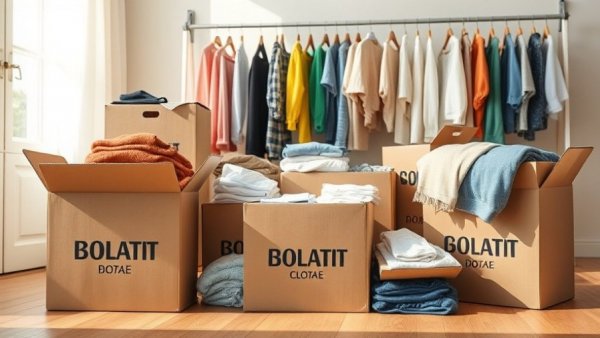 Boxes of clothes for donation symbolize declutter your home in February.