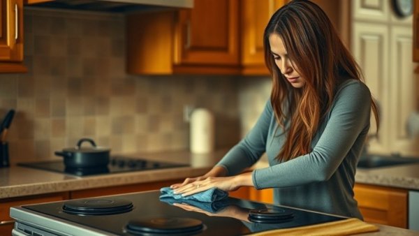 Woman cleaning a glass top stove in a kitchen.