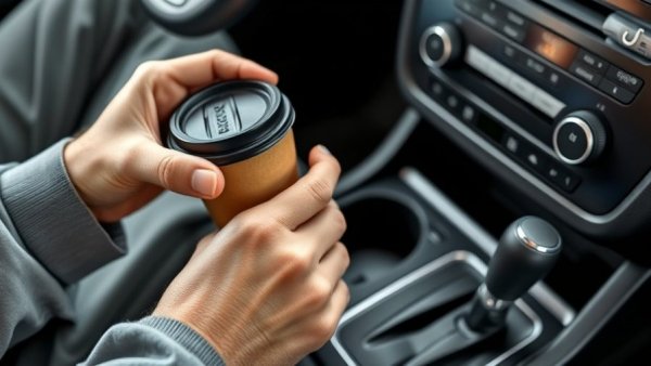 Close-up of hands cleaning car cup holder, holding coffee.