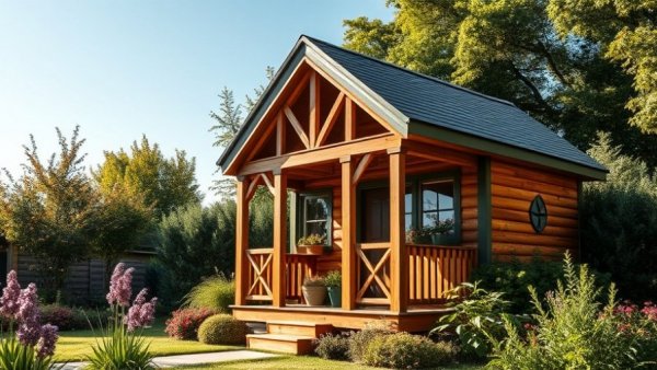 Charming Tiny House with Front Porch in lush garden setting.