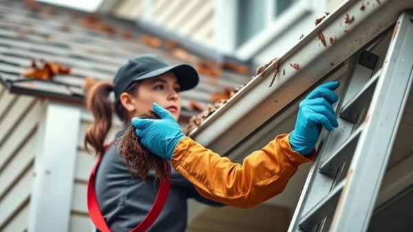Professional Gutter Cleaning Importance shown by a woman clearing debris.