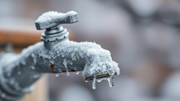 Frost-covered outdoor faucet during a freeze, close-up view.