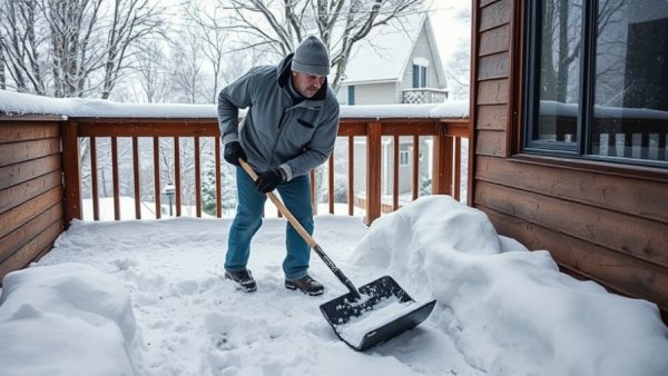 A person shoveling a snowy deck in heavy snowfall.