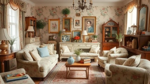 Cozy vintage living room clutter, floral patterns, elegant decor.