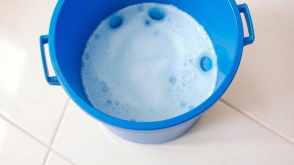 Blue bucket with sudsy water on tile floor, cleaning preparation for removing paint from tile.