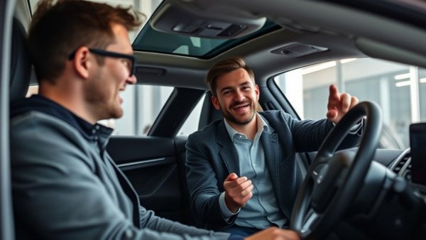 Car buyer and salesperson checking car features in showroom, buy sleeper car.