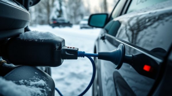 Engine block heater cable connected to car in snowy winter scene.