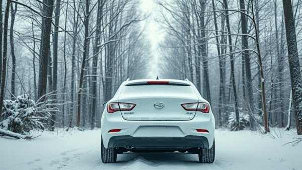 Snow-covered car in a winter forest, rear view