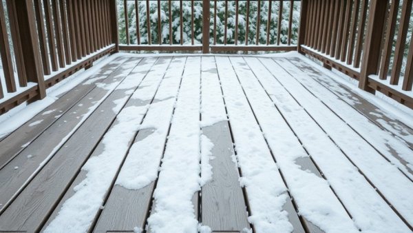 Partially snow-covered deck showing how to remove snow safely from decks.