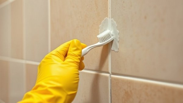 Close-up of grout cleaning technique with toothbrush and glove.