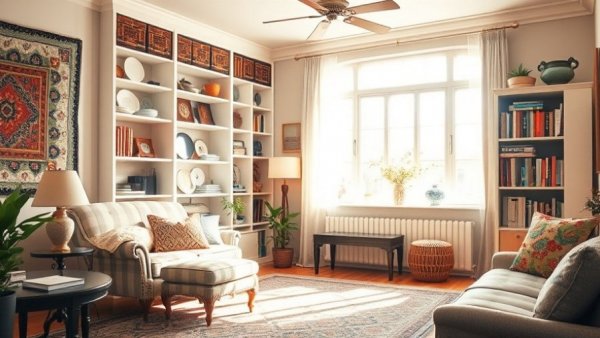 Cozy living room perfect for downsizing in Nashville, featuring eclectic decor.