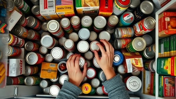 Overhead view of hands reaching for pantry items, diverse packaging.