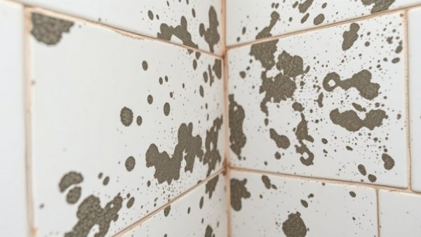 Close-up of mold in shower corner on white tiles.