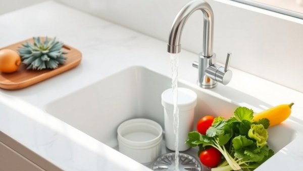 Benefits of installing a food disposal shown with running water and vegetables in a sink.