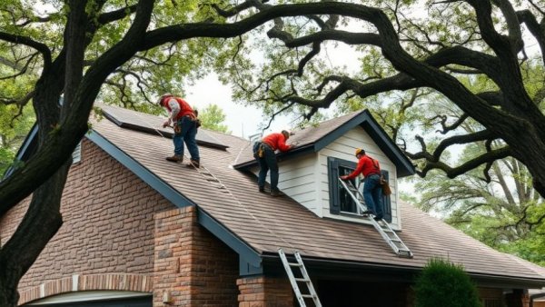 Roof cleaning and maintenance team working on residential house.
