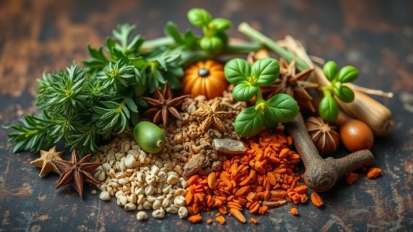 Rustic display of circulatory supporting herbs on patterned surface.