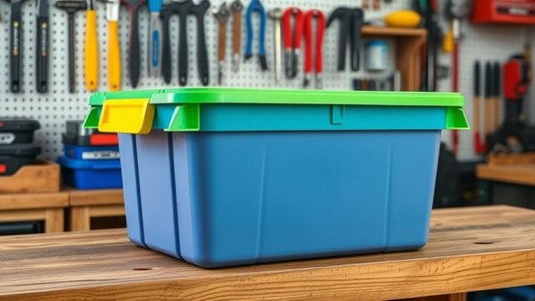 DIY tote storage rack, colorful plastic bin on workbench in garage.