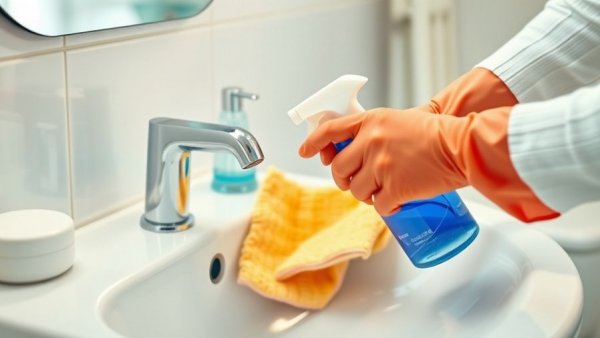 Gloved hands cleaning bathroom sink with spray bottle. How often should you clean your bathroom?