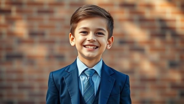Smiling young boy in blue suit outdoors, Inattentive ADHD in Children.
