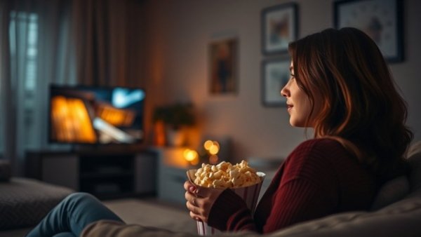 Woman watching TV with popcorn in cozy room.