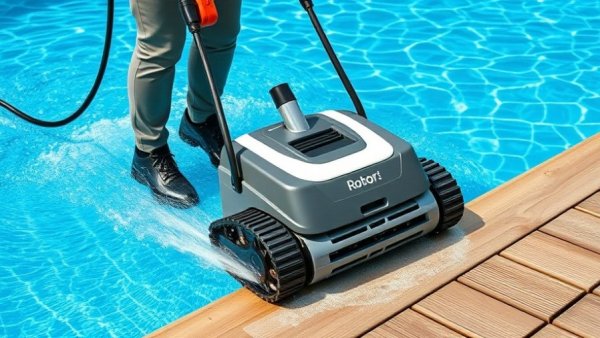 Professional pool cleaning with a robotic cleaner on a sunny day.