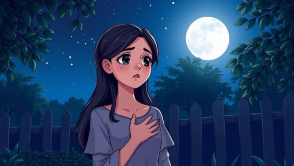 A young woman ready to forgive in a moonlit garden expressing emotion.