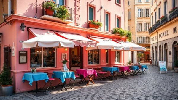 Charming Lisbon cafe with blue tables and umbrellas on a sunny street.