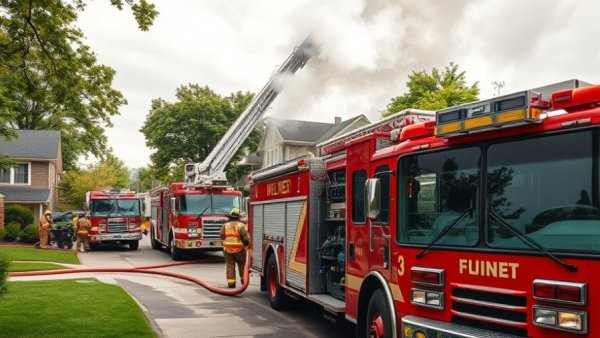 Fire trucks and firefighters at house fire, showing scene management, smoke.
